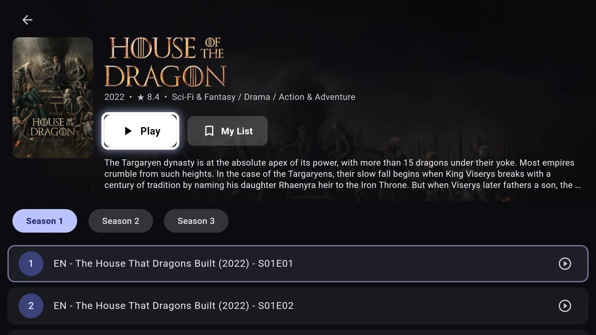 Chris TV series page for House of the Dragon showing poster, rating, synopsis and episodes grouped into seasons