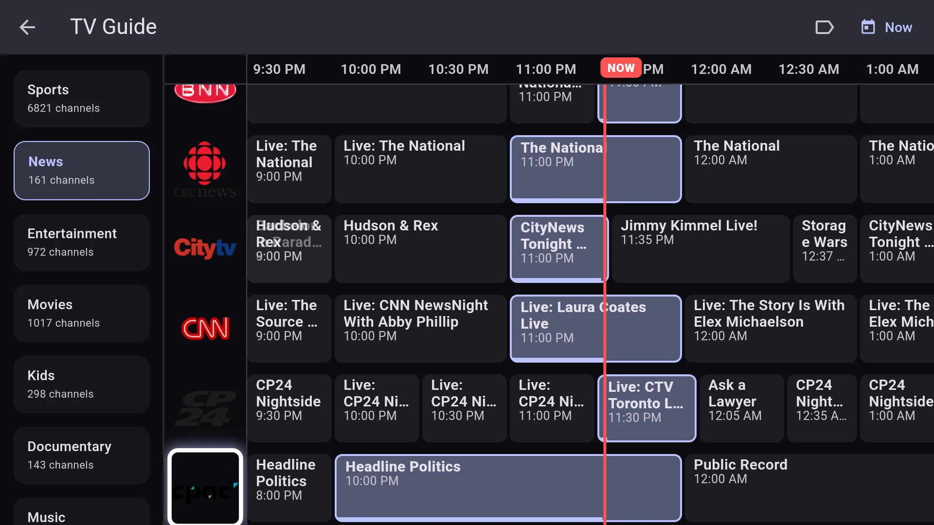 Chris TV full TV guide timeline on Fire TV with CBC News, CityTV, CNN and CP24