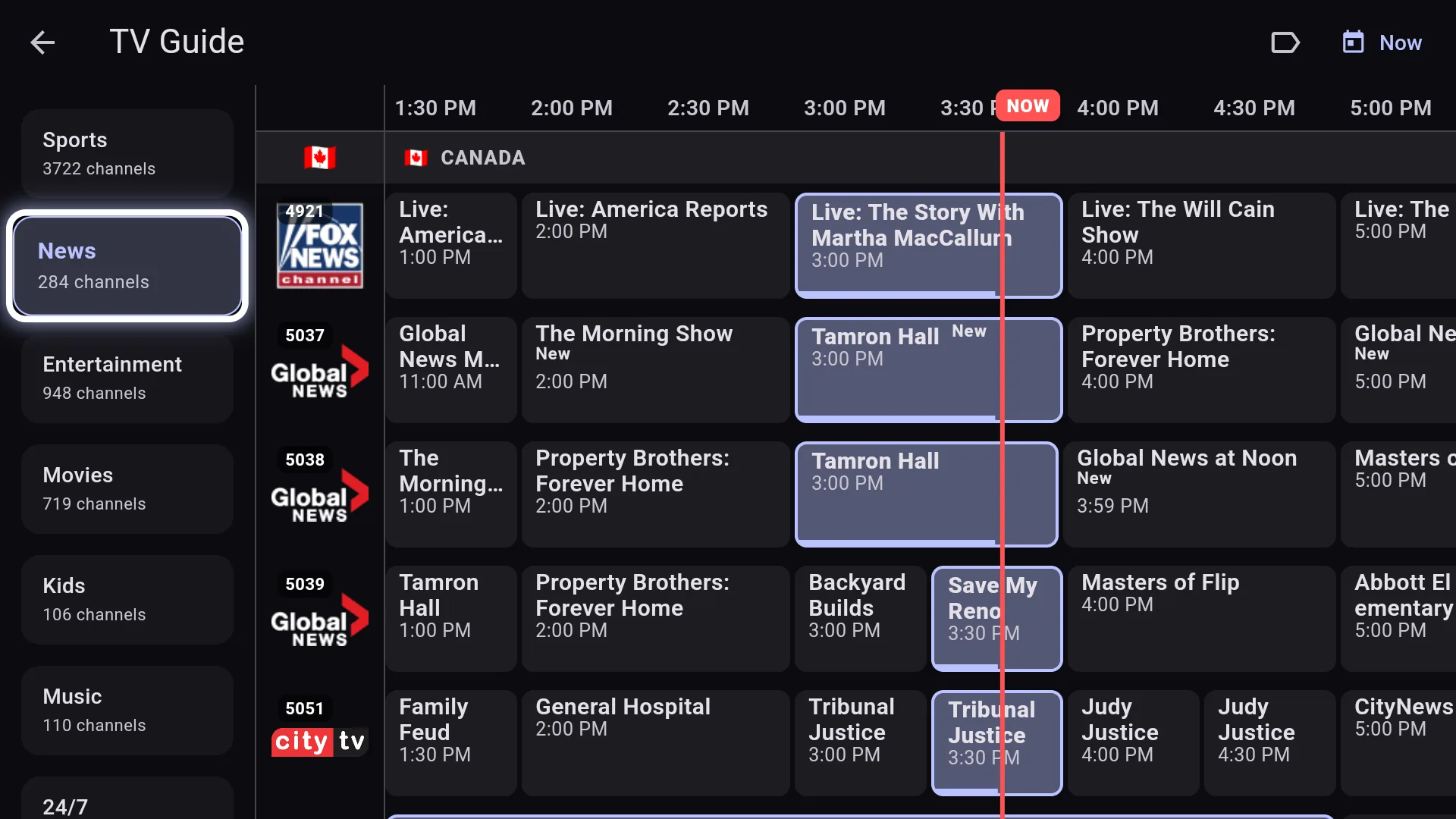 Chris TV full TV guide timeline on Fire TV filtered to News, with Fox News, Global News and CityTV and a live now marker