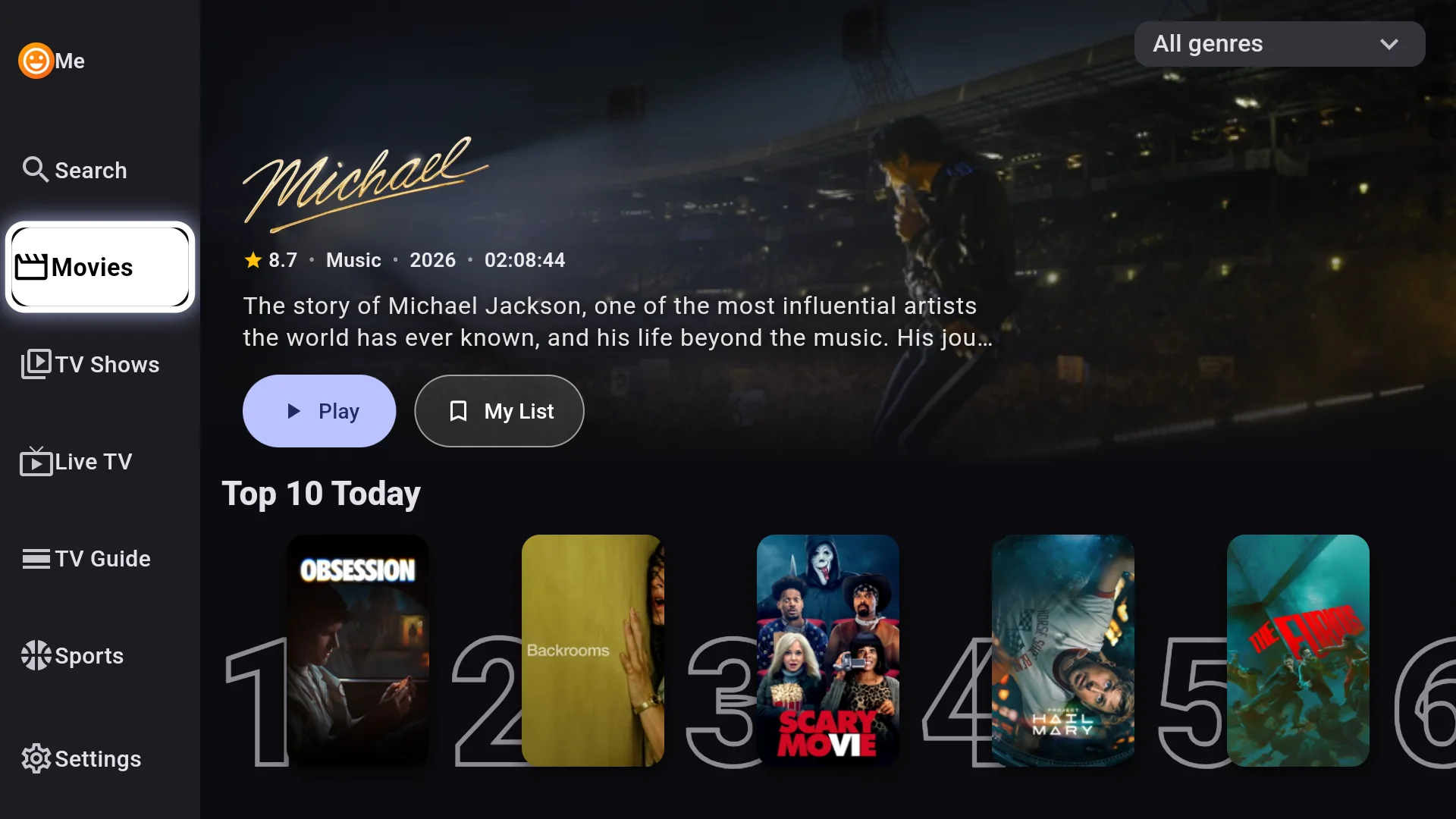 Chris TV menu on Fire TV: Search, Movies, TV Shows, Live TV, TV Guide and Sports beside a Michael movie hero