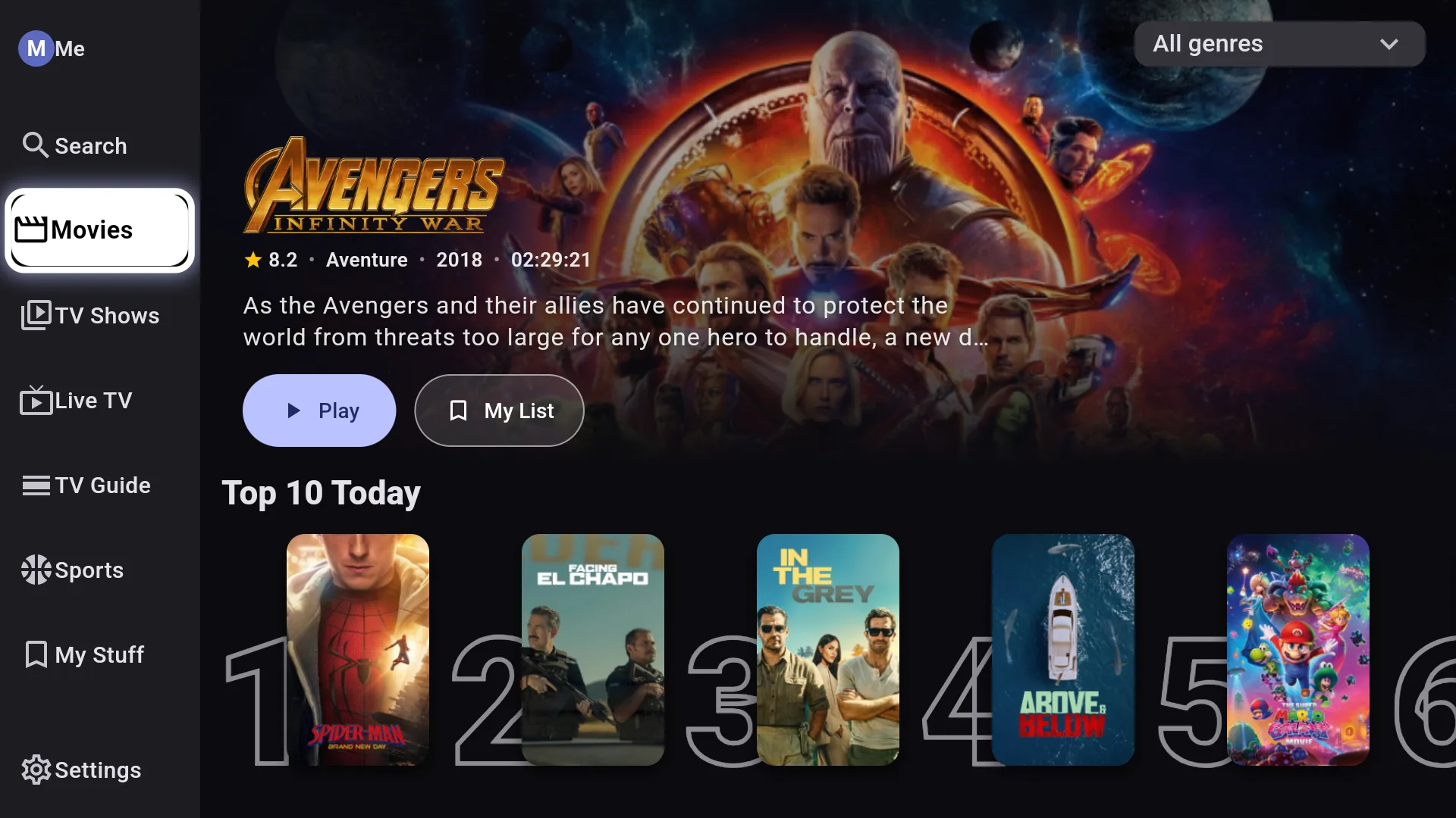 Chris TV on Fire TV with the menu open on Movies beside an Avengers Infinity War hero and a Top 10 Today poster row
