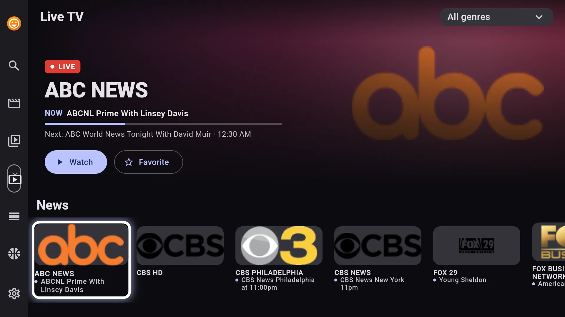 Chris TV Live TV on Fire TV showing ABC News with now and next programming, a progress bar and a row of news channels