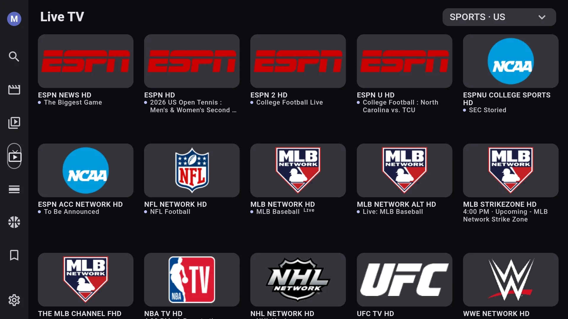Chris TV Live TV on Fire TV filtered to US sports, showing ESPN, NCAA, NFL Network, MLB Network, UFC and WWE channels