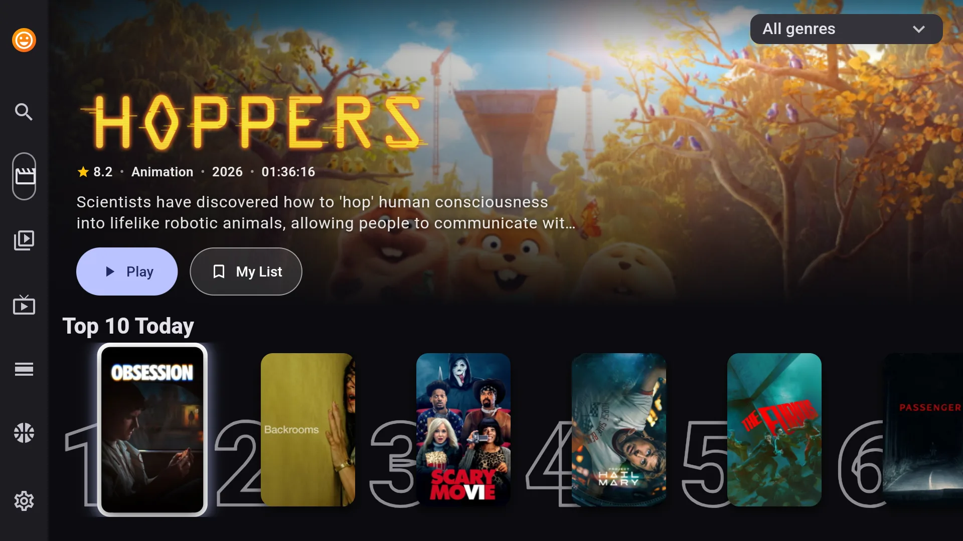 Chris TV Movies home on Fire TV showing a full-bleed cinematic hero for Hoppers with Play and My List buttons and a Top 10 Today poster row