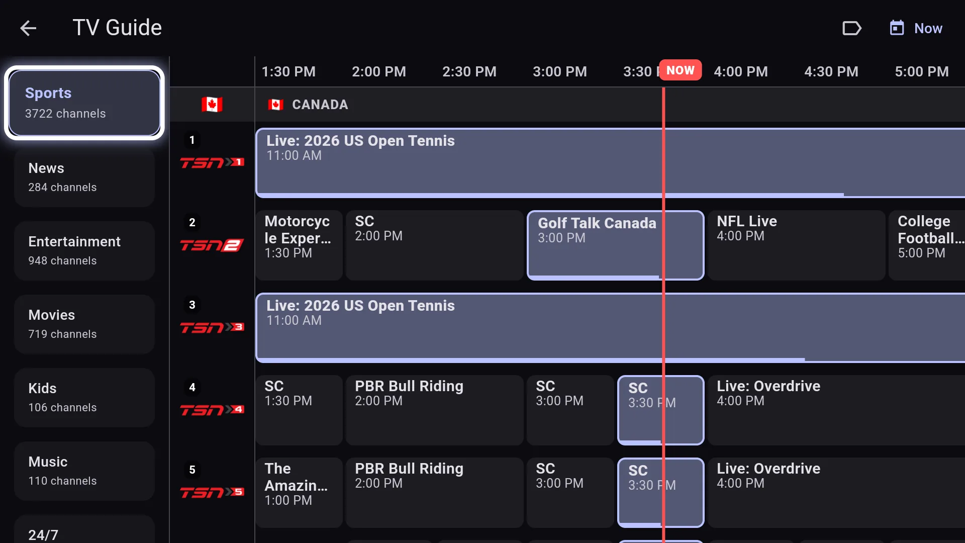 Chris TV TV guide on Fire TV filtered to Sports, showing TSN channels with live US Open Tennis, NFL Live and college football