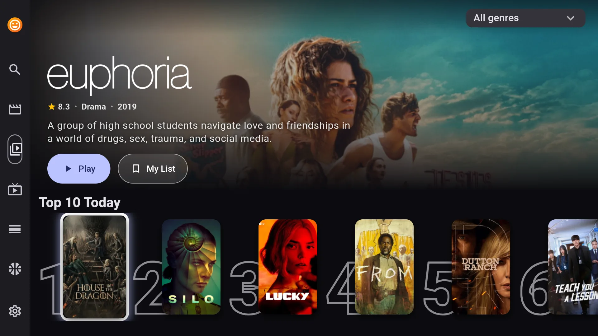 Chris TV TV Shows home on Fire TV with a Euphoria hero and a Top 10 Today row