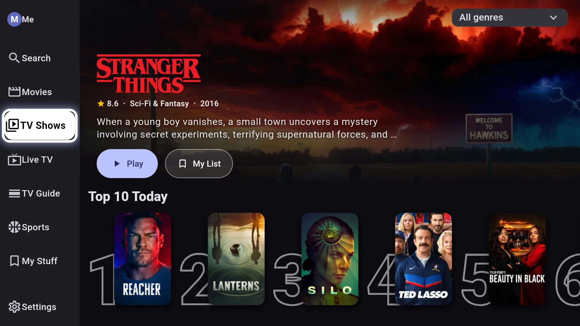 Chris TV TV Shows home on Fire TV with a Stranger Things hero and a Top 10 Today poster row
