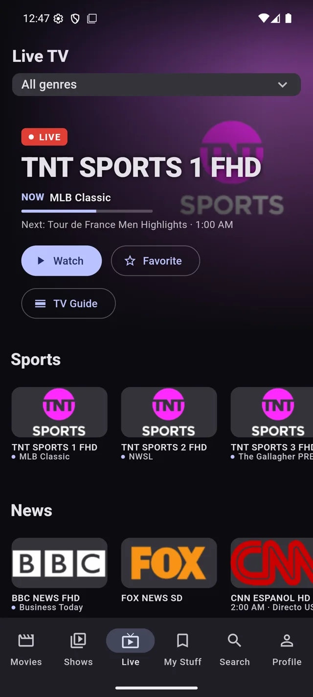 Chris TV on an Android phone showing Live TV with a TNT Sports hero, now and next programming and sports and news channel rows