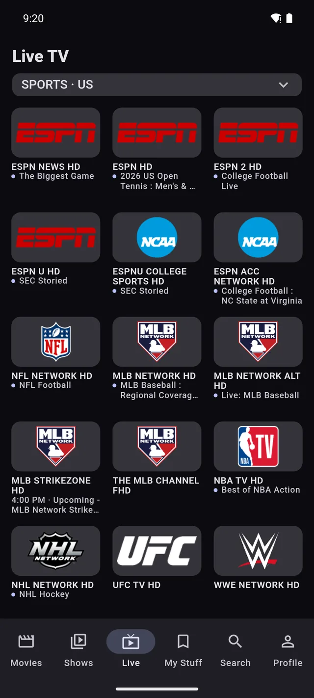 Chris TV on an Android phone showing Live TV filtered to US sports with ESPN, NFL Network, MLB Network and NHL Network