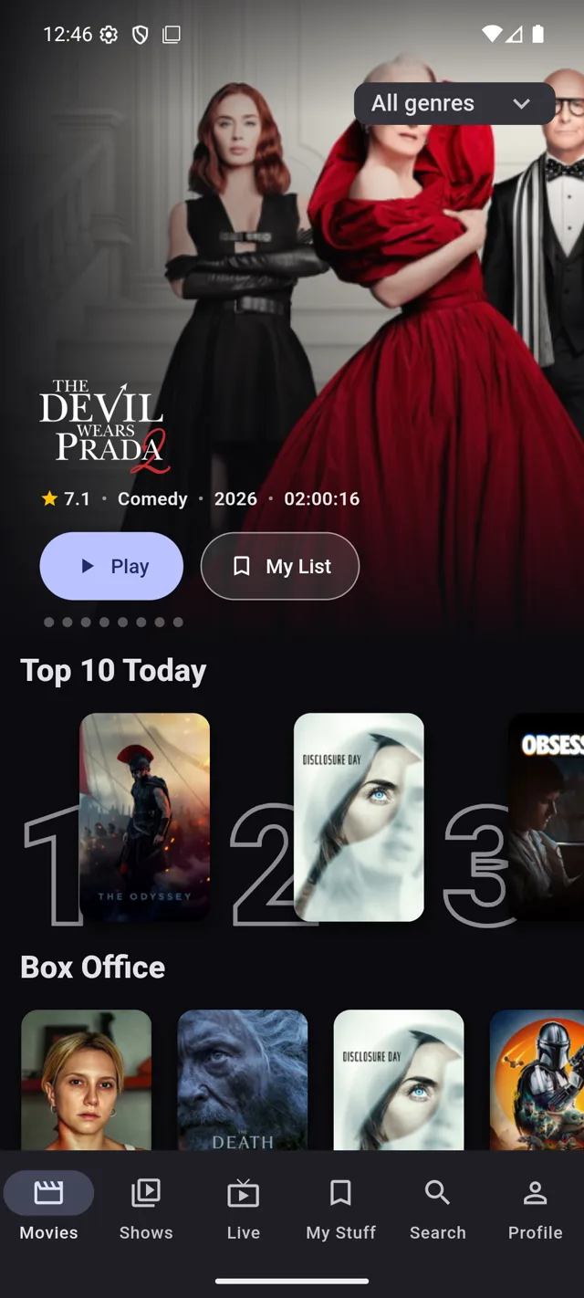 Chris TV on an Android phone showing a full-bleed cinematic movie hero for The Devil Wears Prada 2 with Play and My List buttons