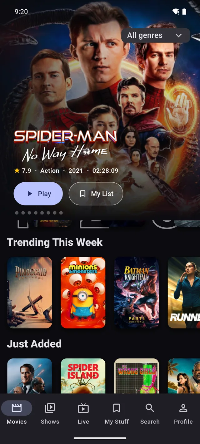 Chris TV on an Android phone showing a full-bleed cinematic movie hero for Spider-Man No Way Home with Play and My List buttons