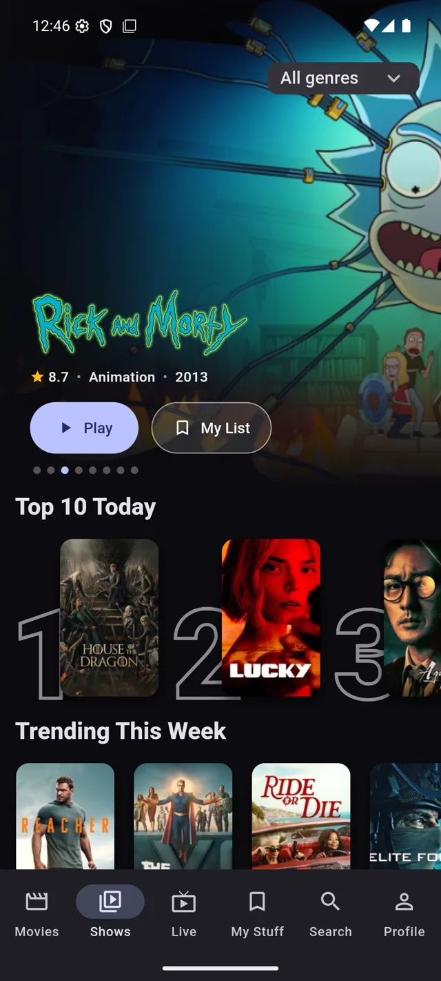 Chris TV on an Android phone showing the TV Shows home with a Rick and Morty hero, a Top 10 Today row and a Trending This Week row