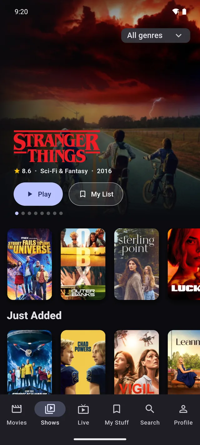 Chris TV on an Android phone showing the TV Shows home with a Stranger Things hero and a Just Added row