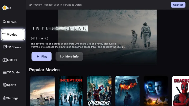 The Chris TV home screen with movie posters, ready to watch