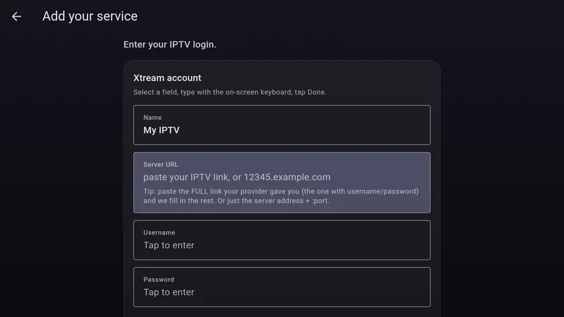 The Add your service screen with Name, Server URL, Username and Password fields